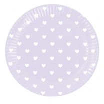 Papieren bordjes lila met witte hartjes