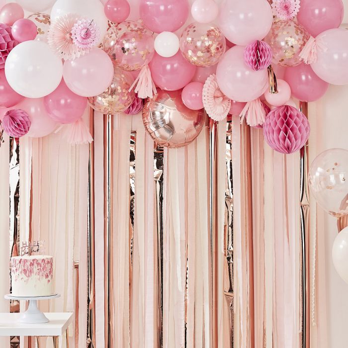 Flikkeren Kast Ru Ballonnenboog met decoratie roze en rose goud | Sweet Food Styling