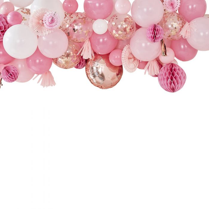 Omgekeerde stikstof Dakraam Ballonnenboog met decoratie roze en rose goud | Sweet Food Styling
